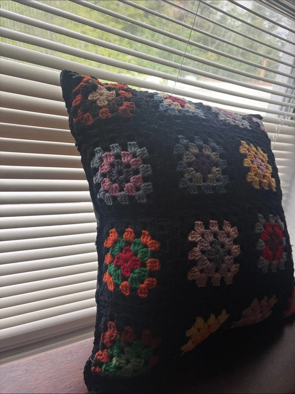 Handmade Crochet Granny Square Pillow - Black with Multicolor Squares